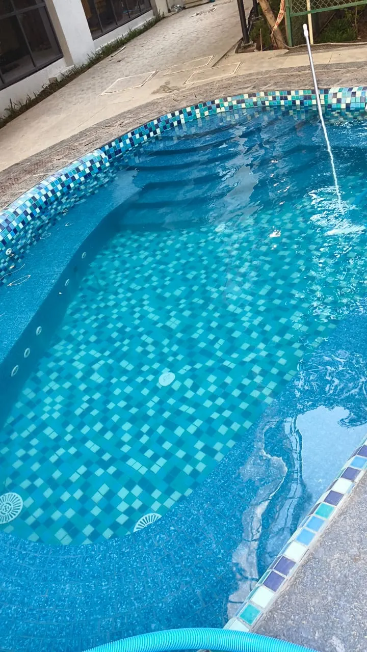 Freeform residential swimming pool with mosaic tiles and entry steps